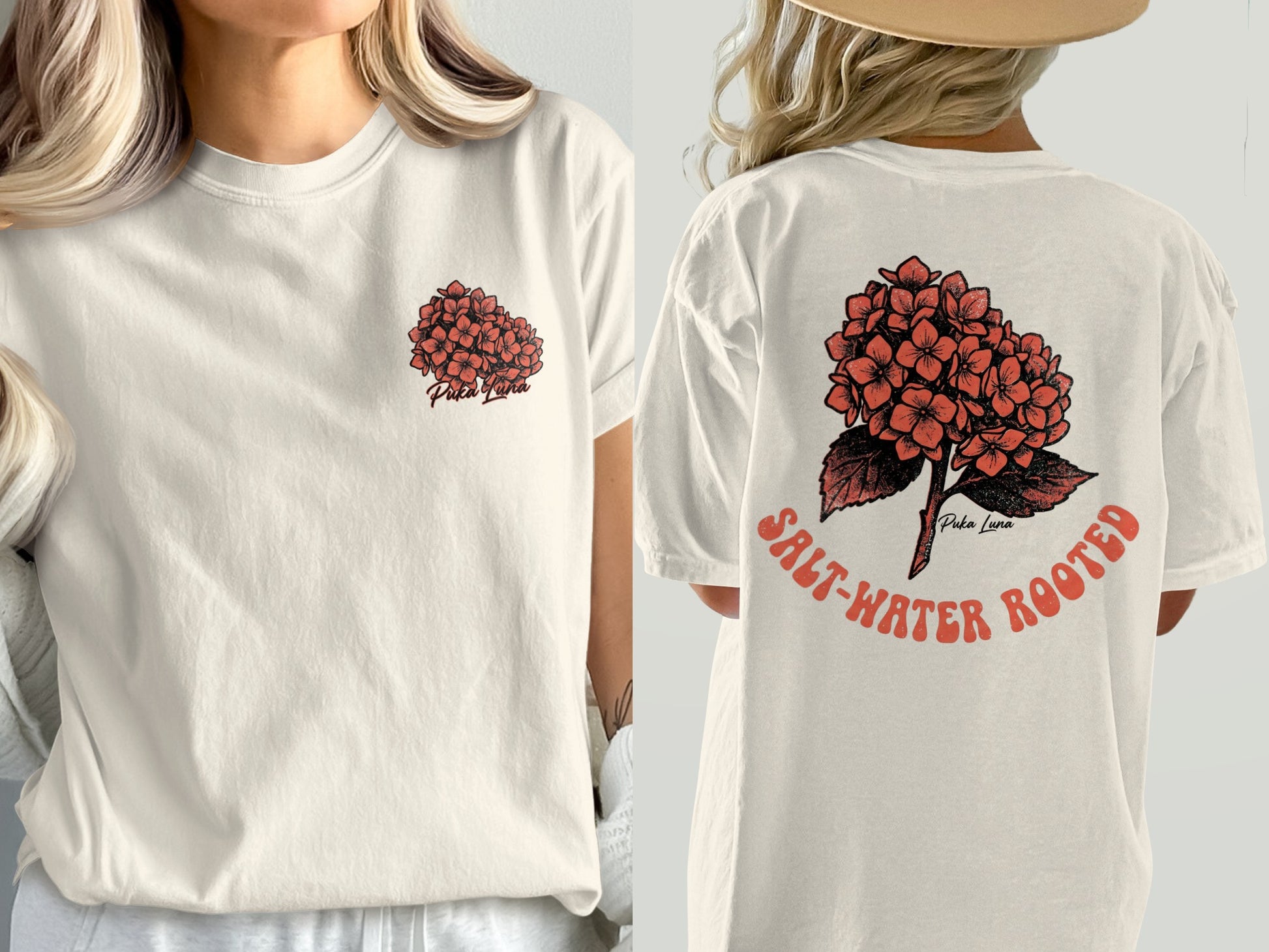 Cream t-shirt with coral hydrangea graphic and "Puka Luna" text.
