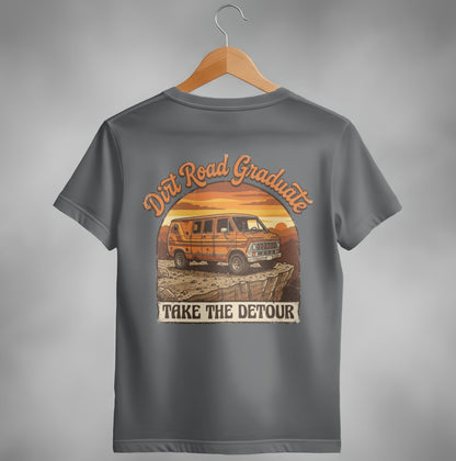 Orange van on rocky terrain with "Dirt Road Graduate Take The Detour" text.
