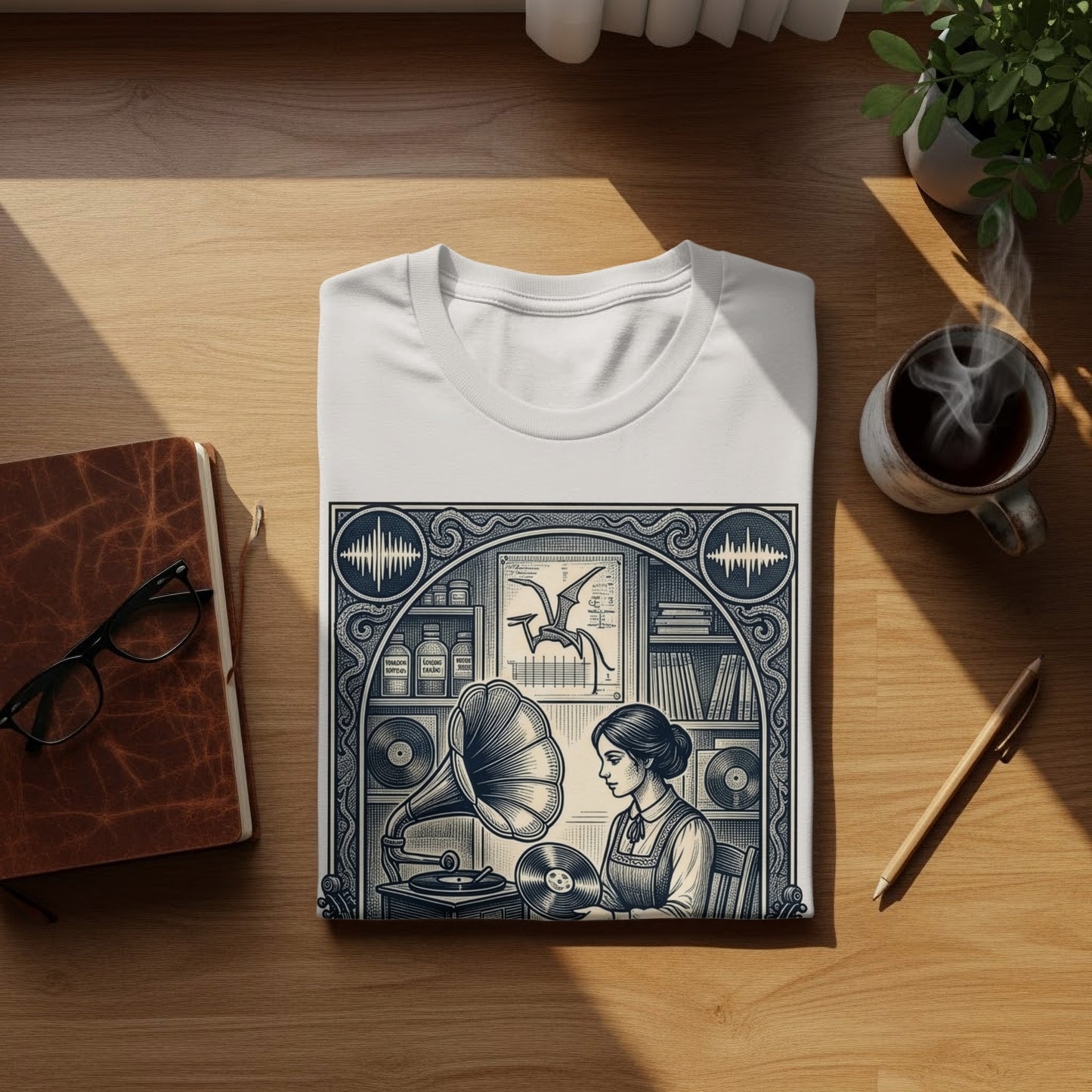 White t-shirt with vintage record player and woman illustration.