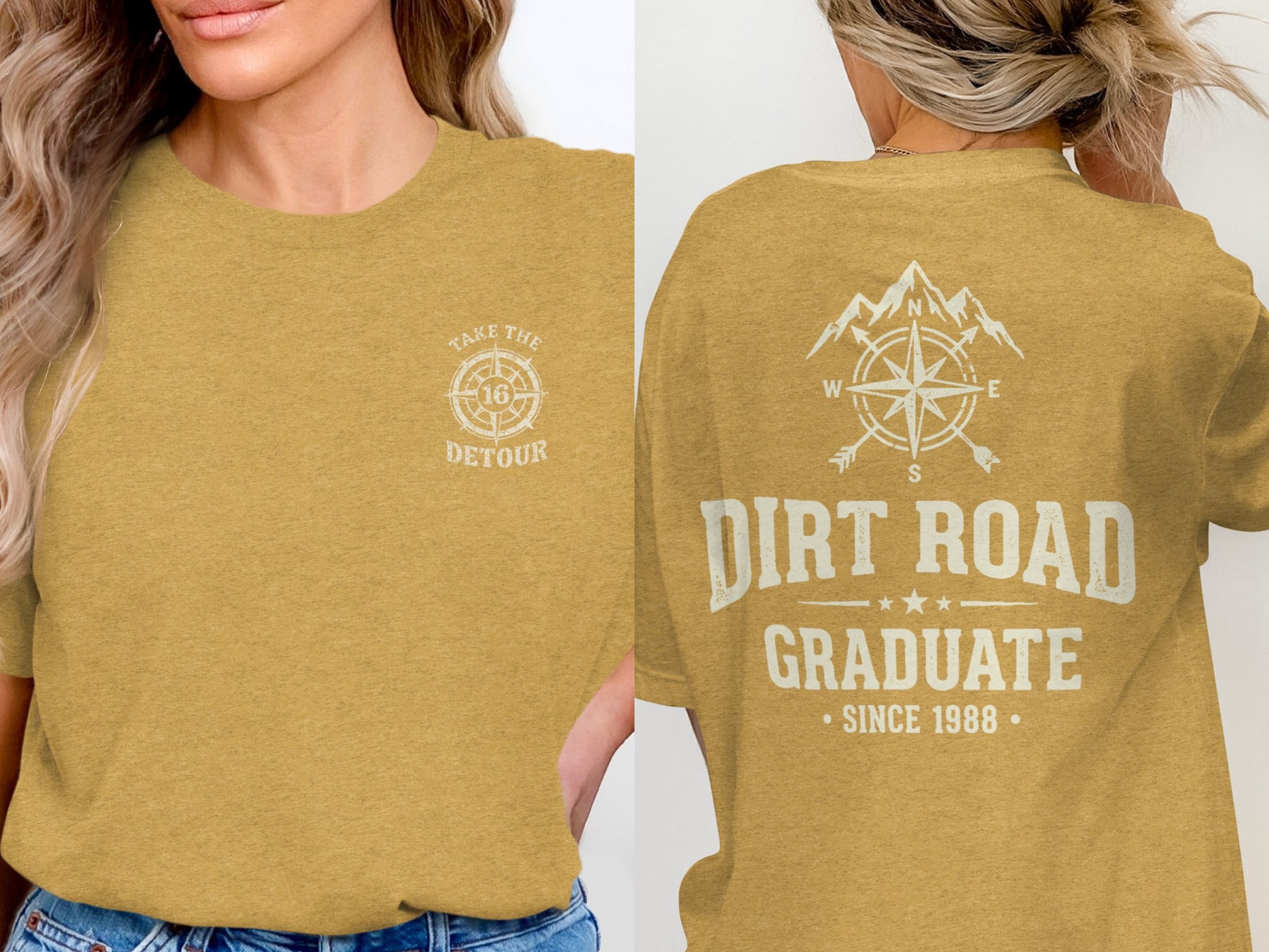 Yellow t-shirt with "Take the Detour" and compass design on front, "Dirt Road Graduate Since 1988" on back.