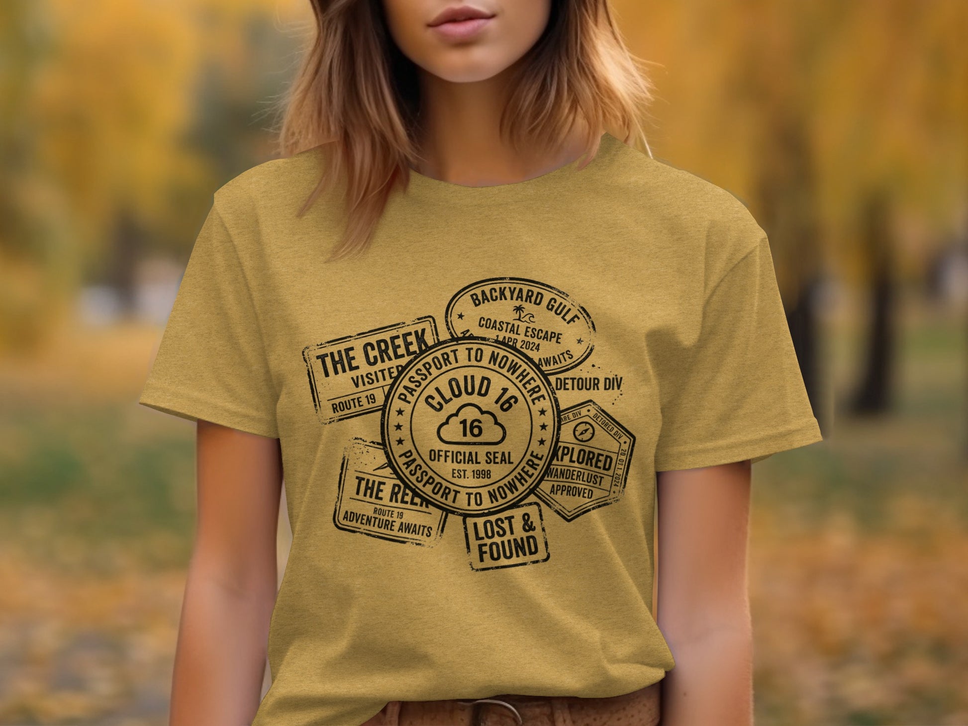 Rugged Wanderlust Passport Stamp Graphic Wilderness Shirt: T-shirt with distressed passport stamps for Cloud 16, Route 19, and Coastal Escape.