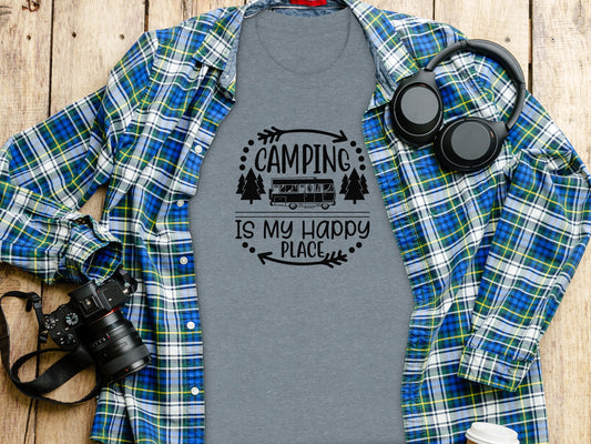Camping is My Happy Place With Campervan T-Shirt T-Shirt - Outdoor & Adventure Collection - Mile Marker 16 Gear by Cloud 16 Clothing Co.