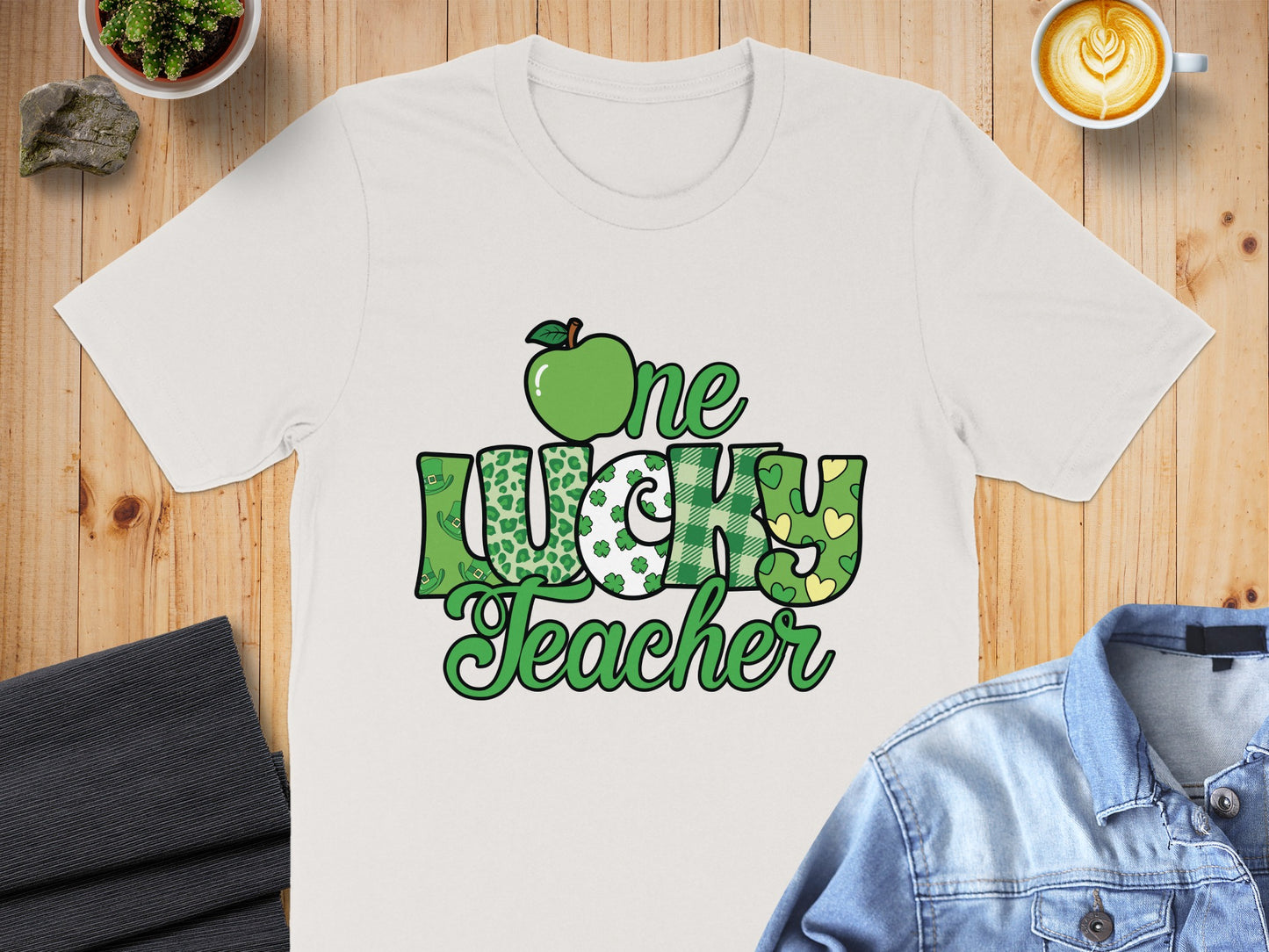 One Lucky Teacher Shirt with Green Apple Design