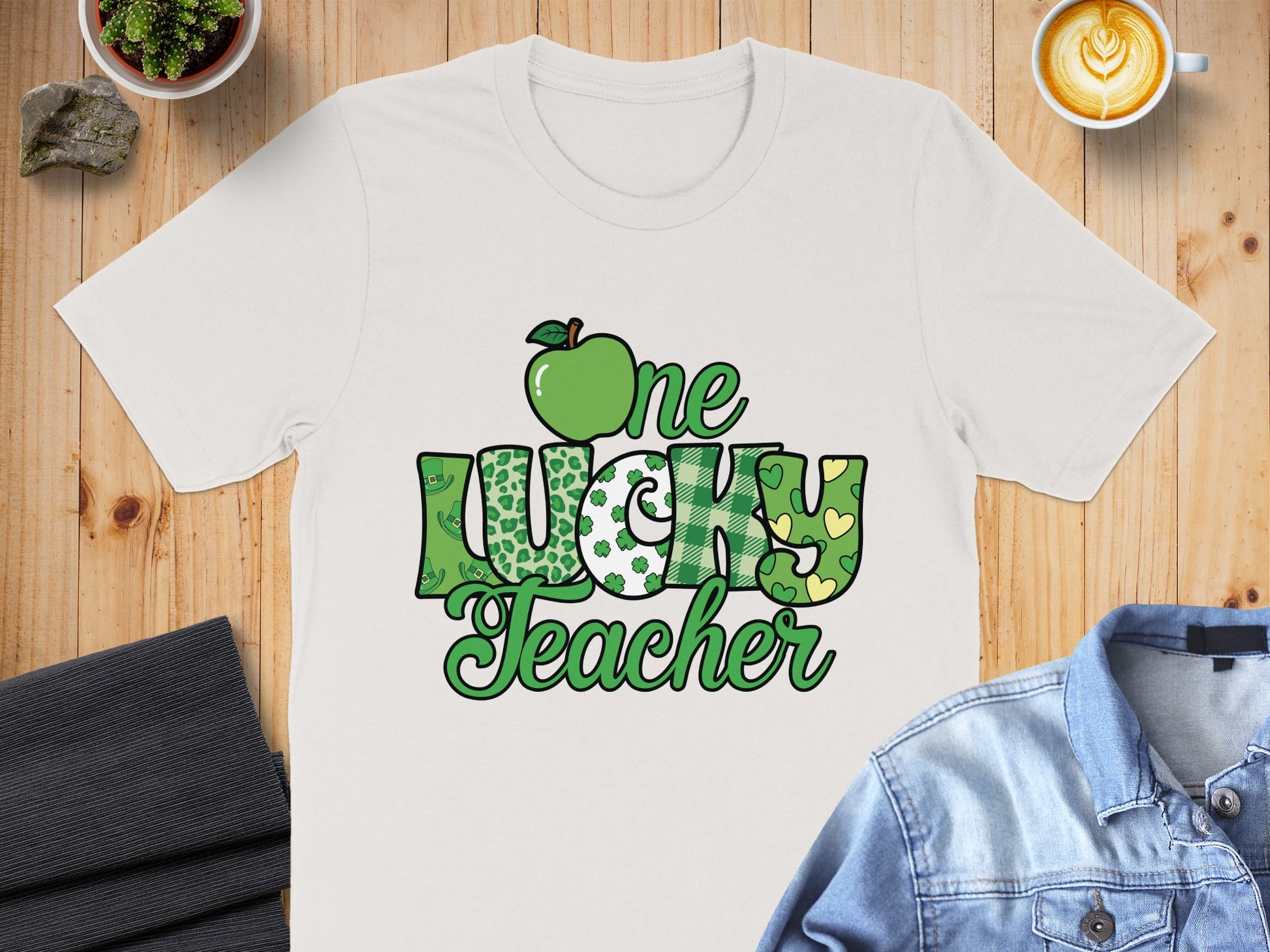 One Lucky Teacher Shirt with Green Apple Design