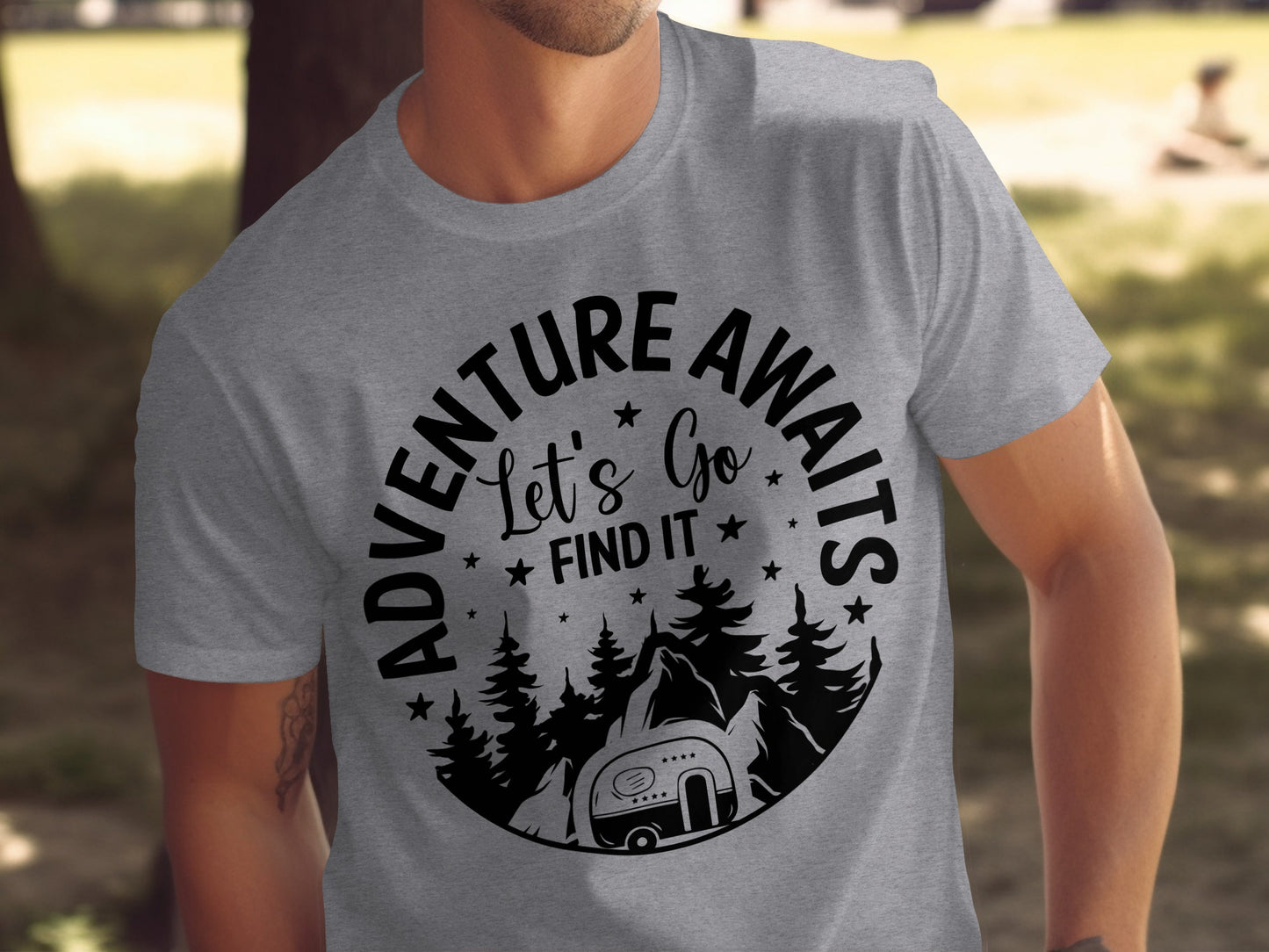 Adventure Awaits Let's Go Find It Silhouette Camper T-Shirt T-Shirt - Outdoor & Adventure Collection - Mile Marker 16 Gear by Cloud 16 Clothing Co.