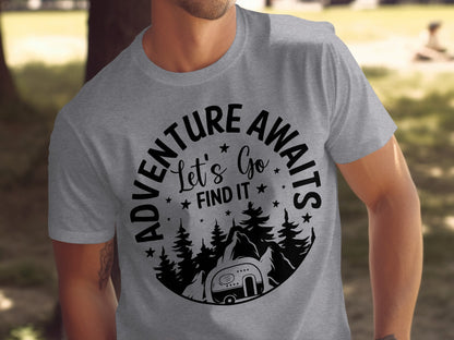 Adventure Awaits Let's Go Find It Silhouette Camper T-Shirt T-Shirt - Outdoor & Adventure Collection - Mile Marker 16 Gear by Cloud 16 Clothing Co.