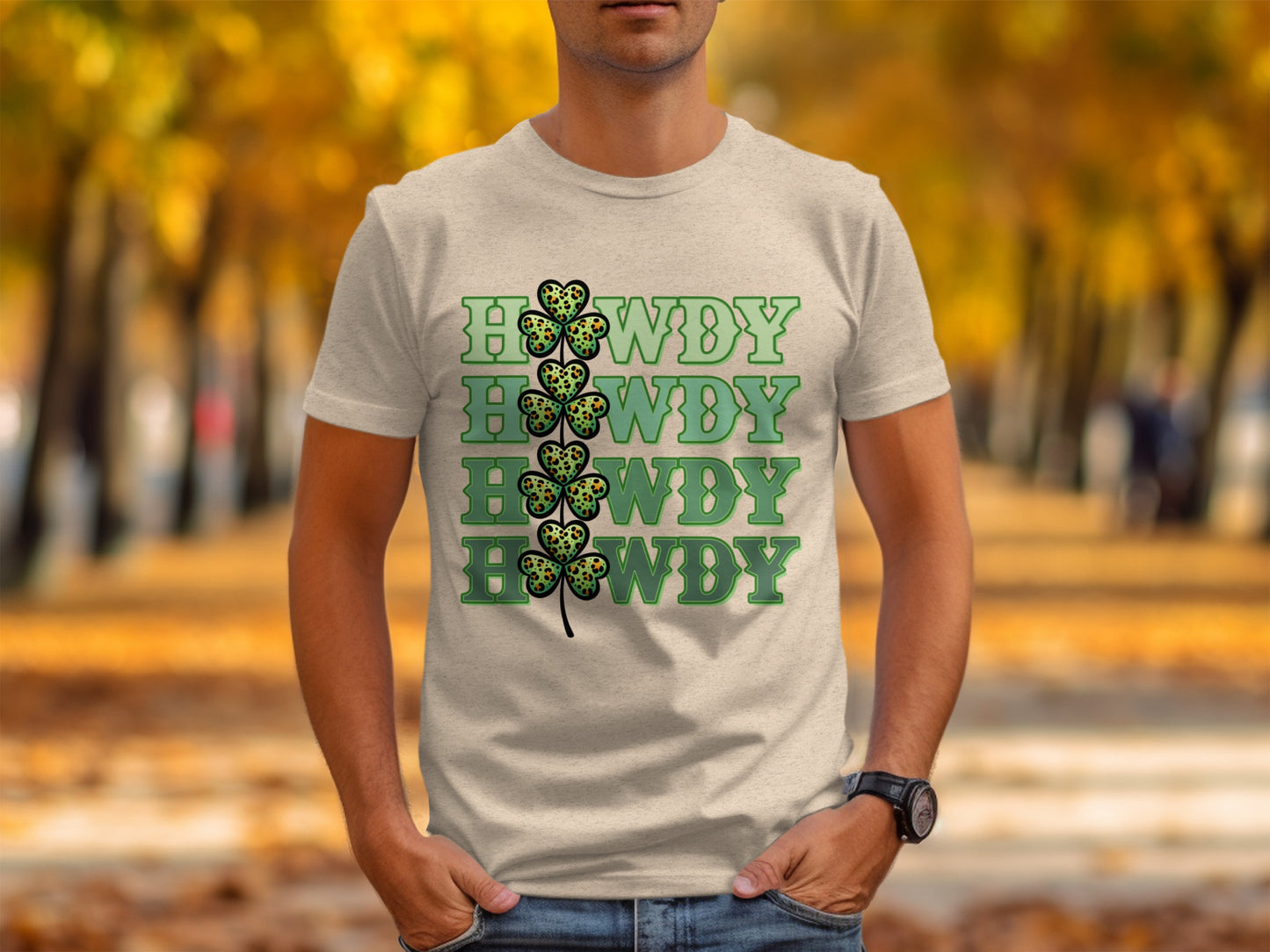 Howdy Clover Graphic Tee in Autumn Park Background