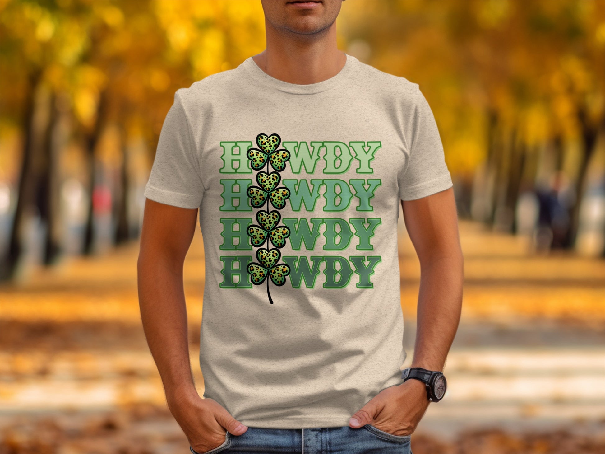 Howdy Clover Graphic Tee in Autumn Park Background