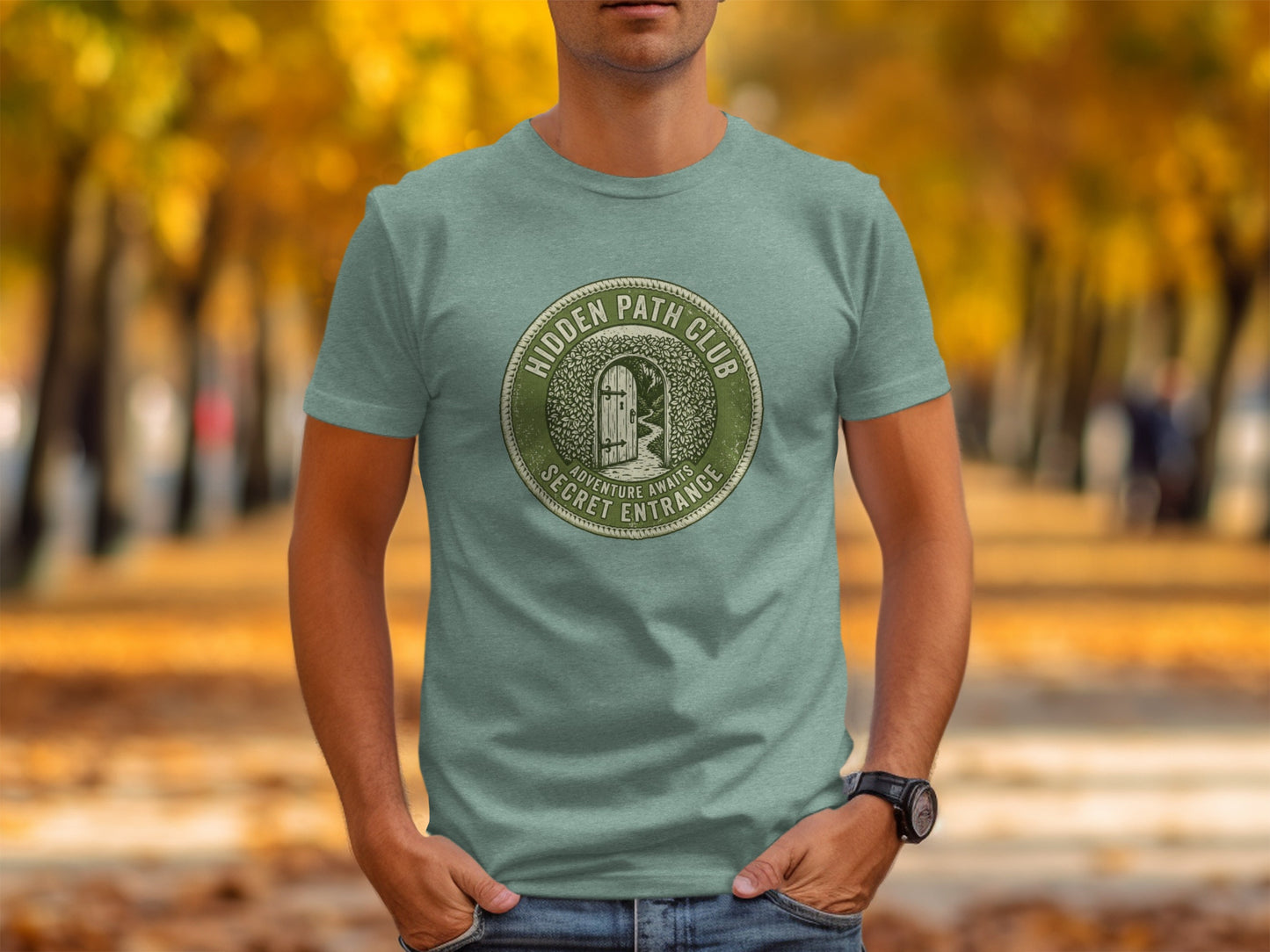 Hidden Path Club: Secret Entrance | Vintage Outdoor Apparel: Green t-shirt with "Hidden Path Club" logo featuring an arched doorway.