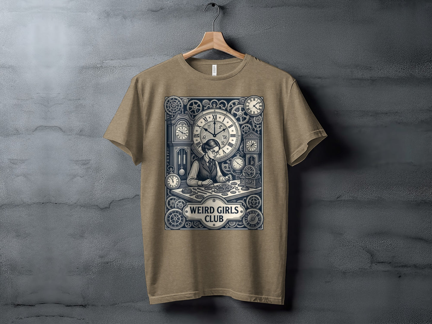 T-shirt with a vintage illustration of a woman surrounded by gears and clocks, "Weird Girls Club" text.