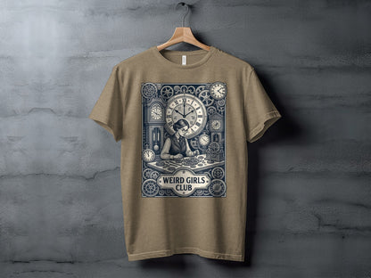 T-shirt with a vintage illustration of a woman surrounded by gears and clocks, "Weird Girls Club" text.