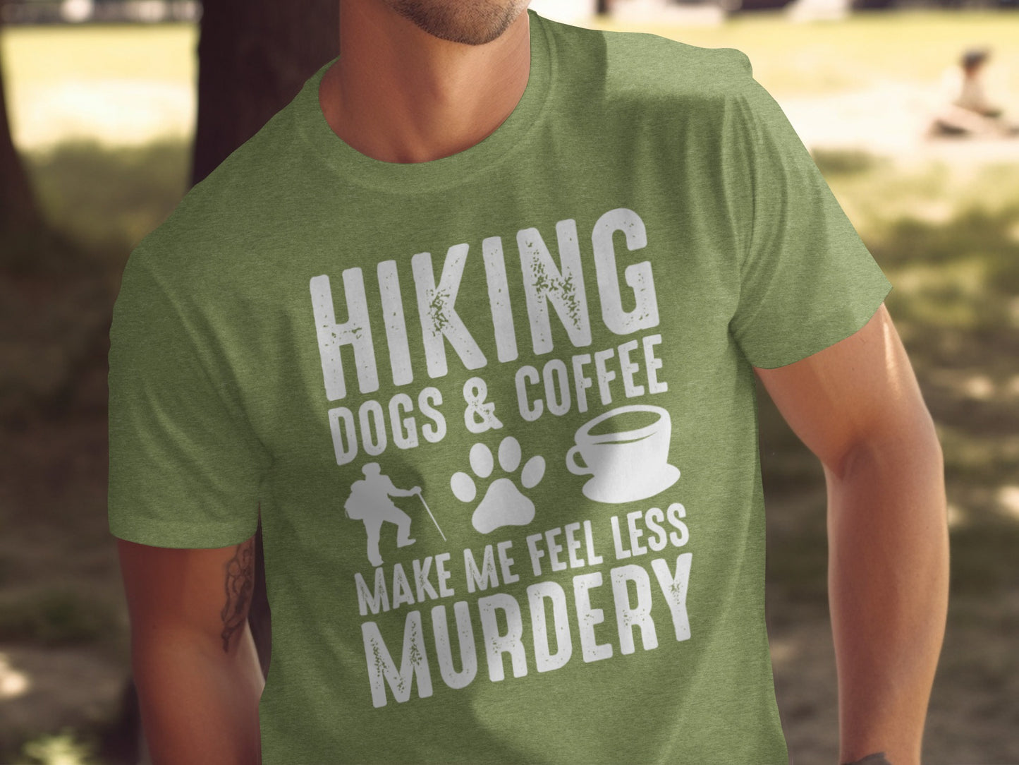 Hiking Dogs Coffee Less Murdery Funny Graphic Design T-Shirt T-Shirt - Outdoor & Adventure Collection - Mile Marker 16 Gear by Cloud 16 Clothing Co.