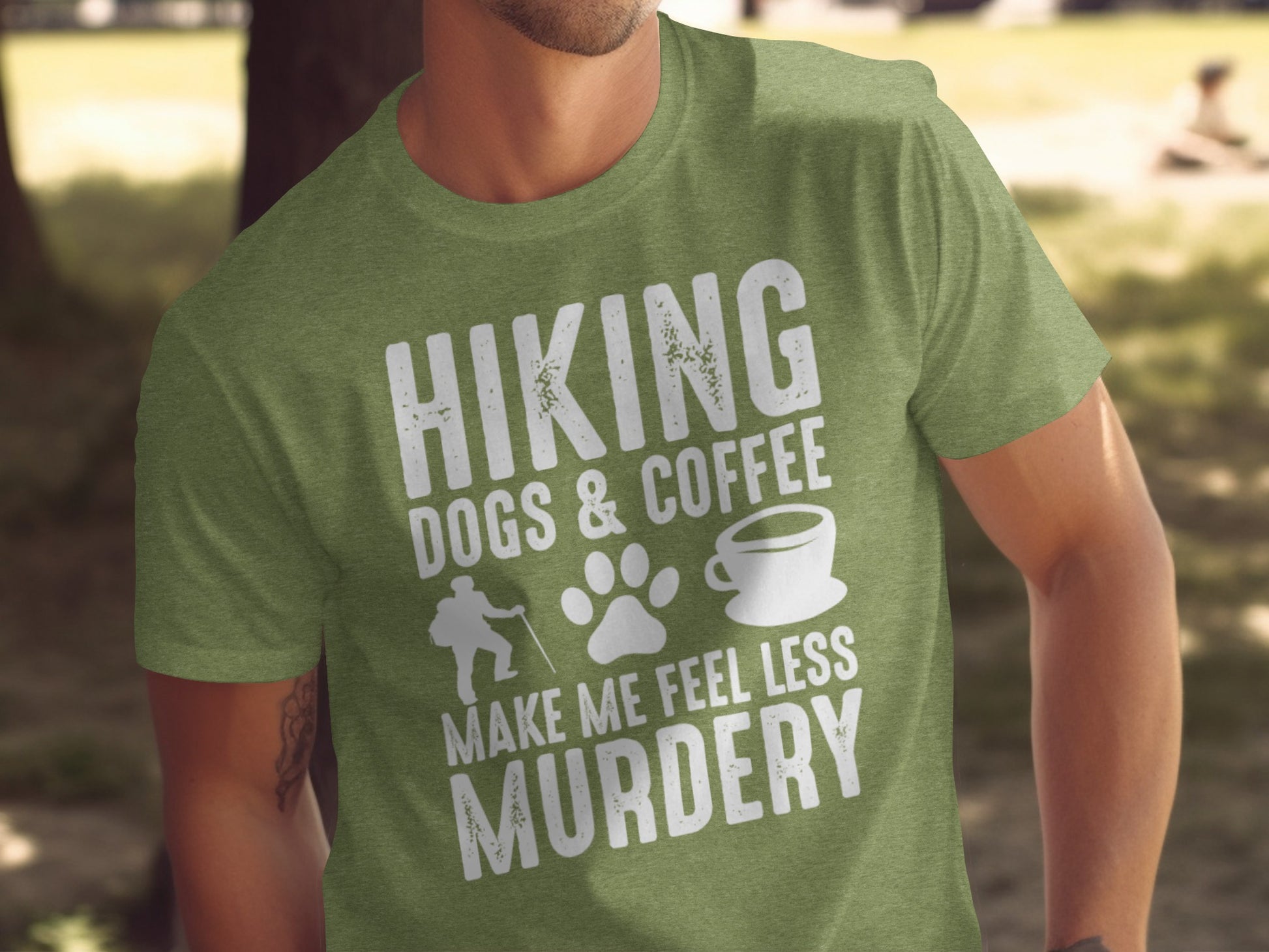 Hiking Dogs Coffee Less Murdery Funny Graphic Design T-Shirt T-Shirt - Outdoor & Adventure Collection - Mile Marker 16 Gear by Cloud 16 Clothing Co.
