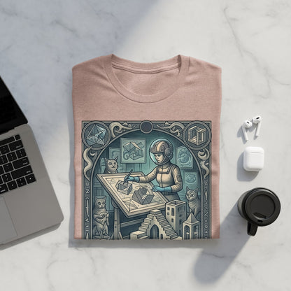 T-shirt featuring an astronaut drawing geometric designs with cats, presented flat lay with a laptop.