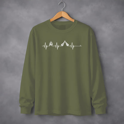 Camping Fire Tent Heartbeat Outdoor Adventure Long Sleeve T-Shirt Long Sleeve Tee - Outdoor & Adventure Collection - Mile Marker 16 Gear by Cloud 16 Clothing Co.