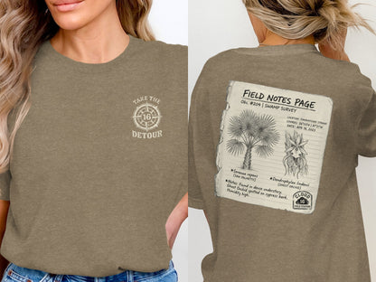 T-shirt with "Take the Detour" logo and a field notes page describing a swamp survey.
