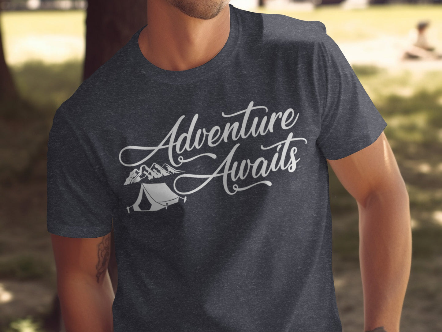 Adventure Awaits Tent Mountains Graphic Design T-Shirt T-Shirt - Outdoor & Adventure Collection - Mile Marker 16 Gear by Cloud 16 Clothing Co.