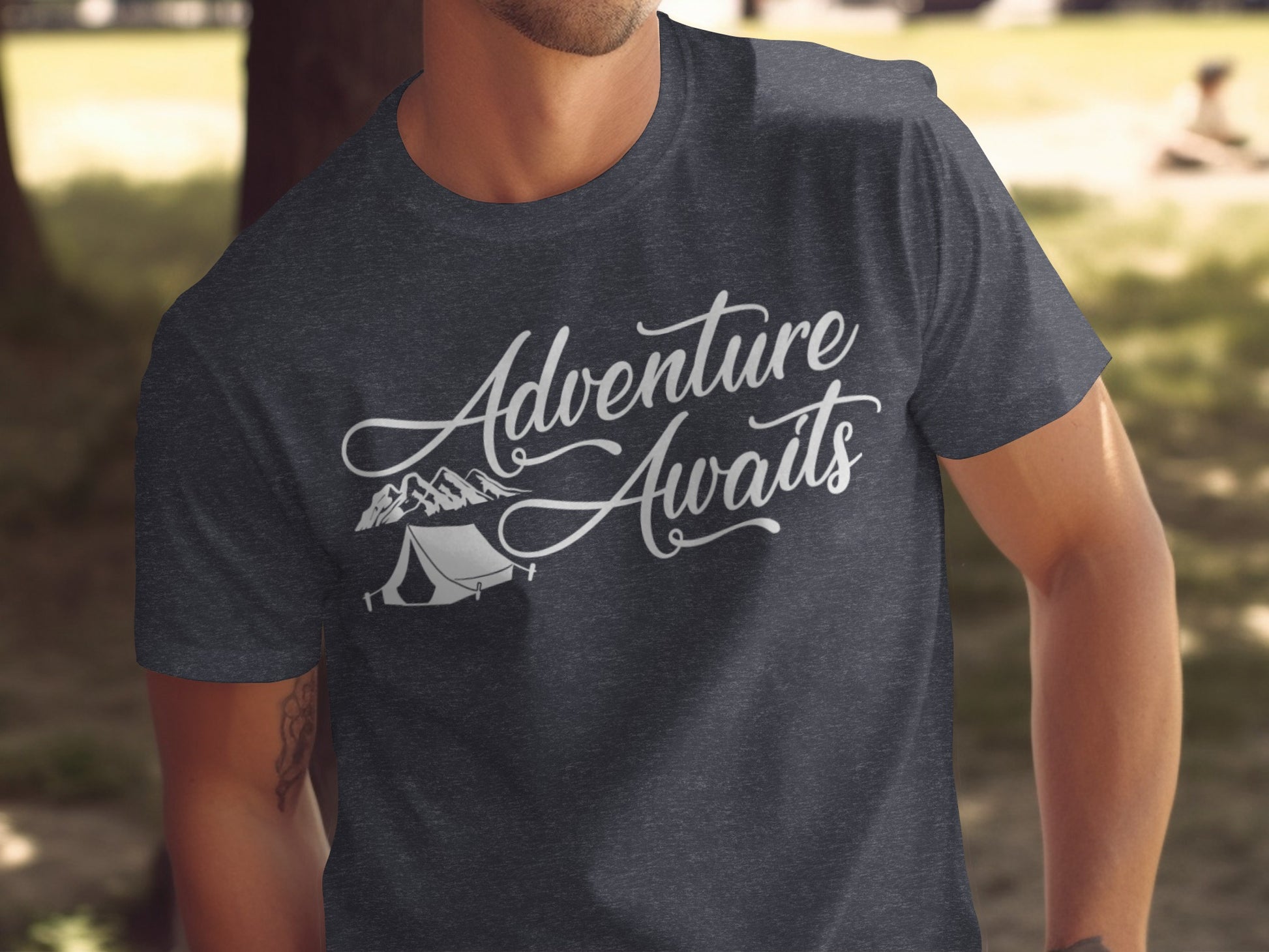 Adventure Awaits Tent Mountains Graphic Design T-Shirt T-Shirt - Outdoor & Adventure Collection - Mile Marker 16 Gear by Cloud 16 Clothing Co.