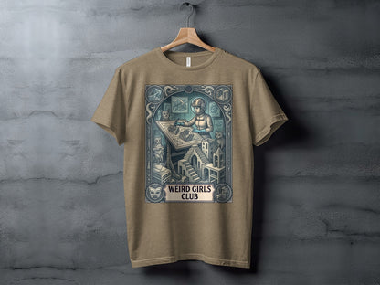 T-shirt featuring an illustration of a person drawing intricate architecture.
