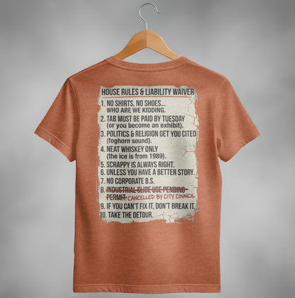 Orange t-shirt with "House Rules & Liability Waiver" and ten numbered rules in black text.