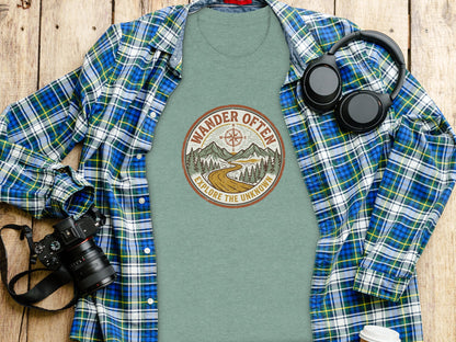 The Original Wander Often Vintage Explorer Adventure Top: Green t-shirt with "Wander Often Explore the Unknown" compass graphic, flat lay with headphones and camera.