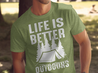 Life Is Better Outdoors Camping Tent Graphic Novelty T-Shirt T-Shirt - Outdoor & Adventure Collection - Mile Marker 16 Gear by Cloud 16 Clothing Co.