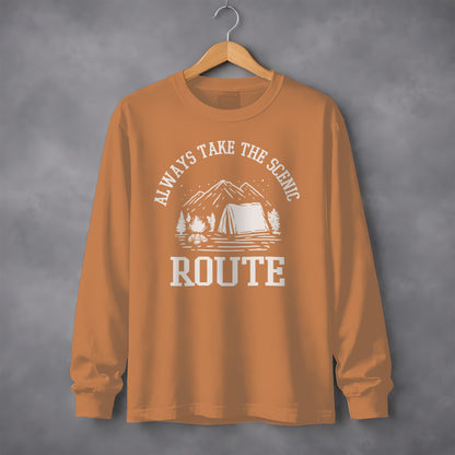 Always Take The Scenic Route Camping Adventure Long Sleeve T-Shirt Long Sleeve Tee - Outdoor & Adventure Collection - Mile Marker 16 Gear by Cloud 16 Clothing Co.