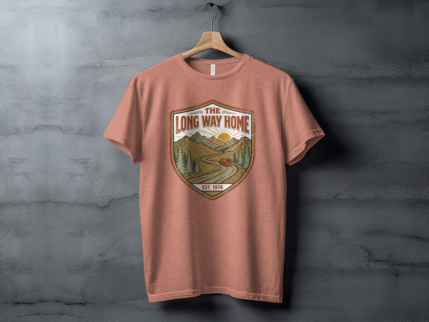 Rugged The Long Way Home | Vintage Adventure Wilderness Shirt: T-shirt with vintage landscape design: "The Long Way Home" and sun.