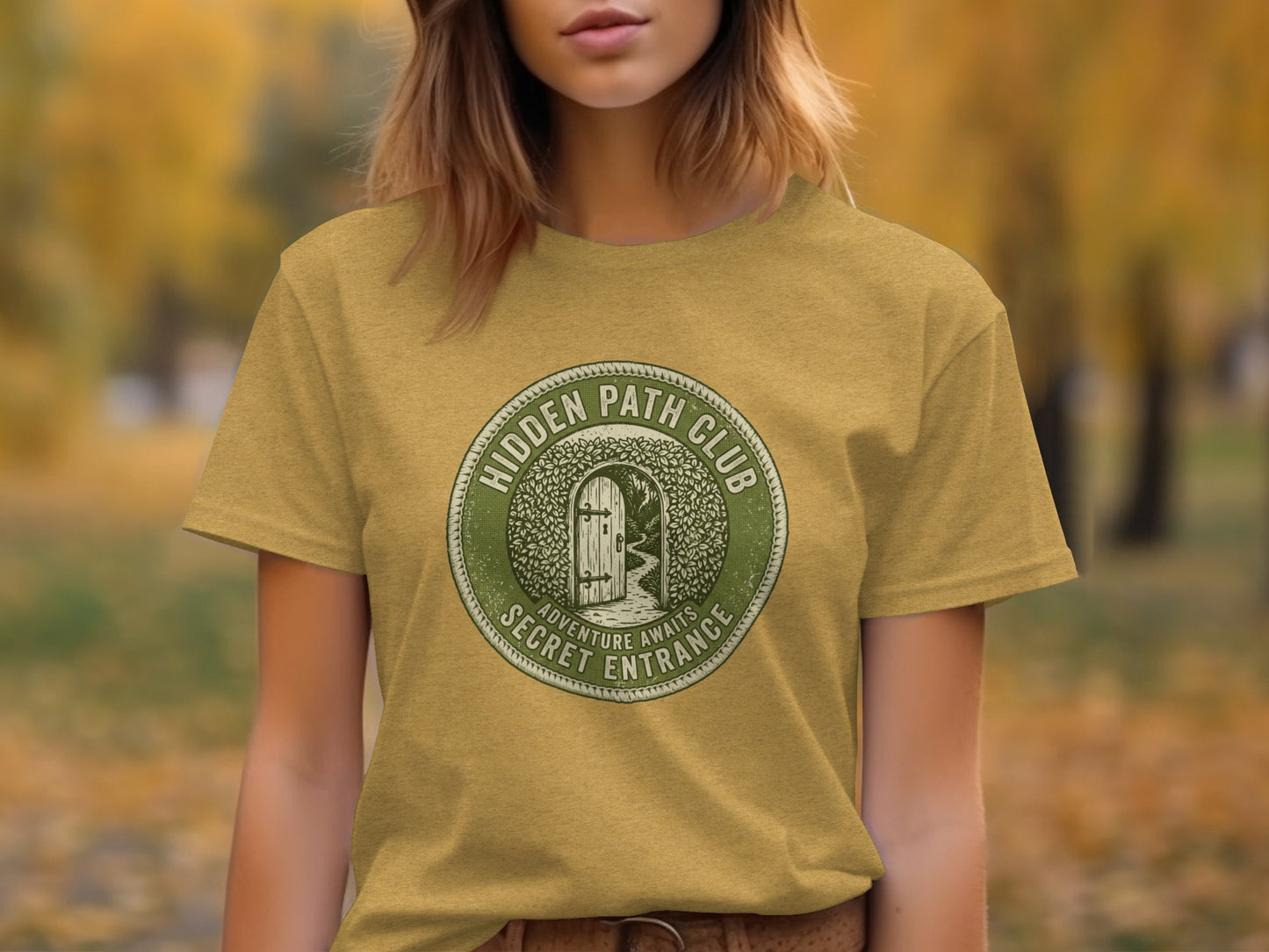 Hidden Path Club: Secret Entrance | Vintage Outdoor Apparel: Green circular logo with "Hidden Path Club" and "Secret Entrance" text, showing a wooden door.