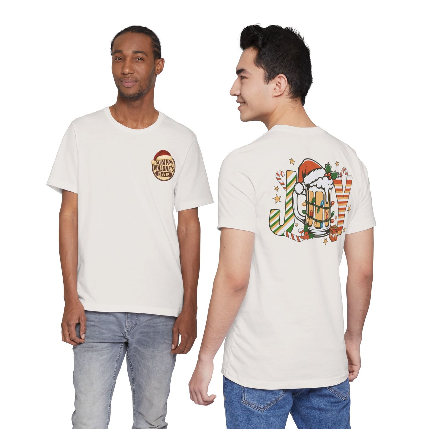 Scrappy Malone's Bar Christmas Tee — "Joy" Beer Mug Holiday Shirt
