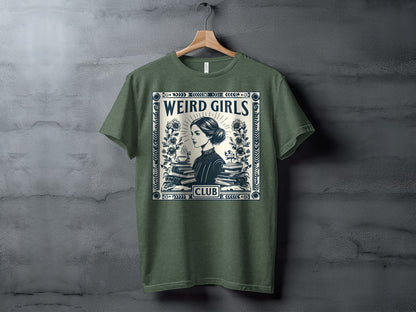 Olive green t-shirt with "Weird Girls Club" text and illustration of a woman with books.