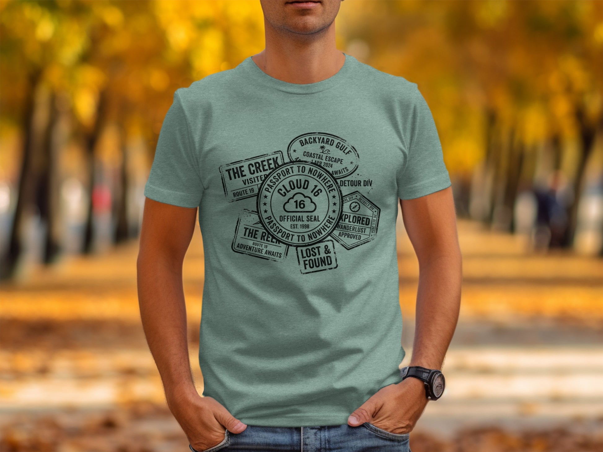 Rugged Wanderlust Passport Stamp Graphic Wilderness Shirt: Green t-shirt with passport stamp designs "Backyard Gulf," "Coastal Escape," "Lost & Found."