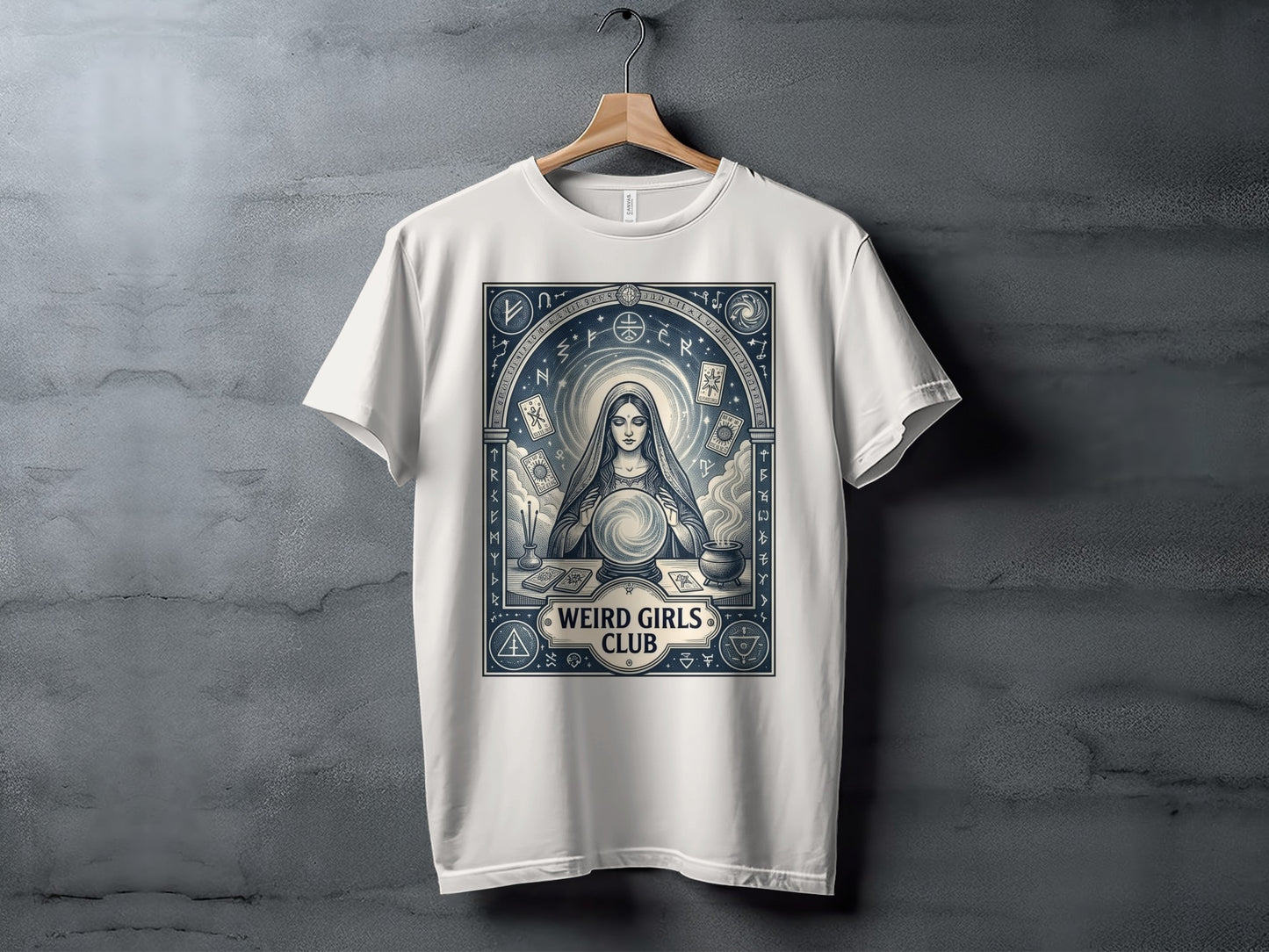 White t-shirt with a stylized occult design featuring a woman and tarot cards.