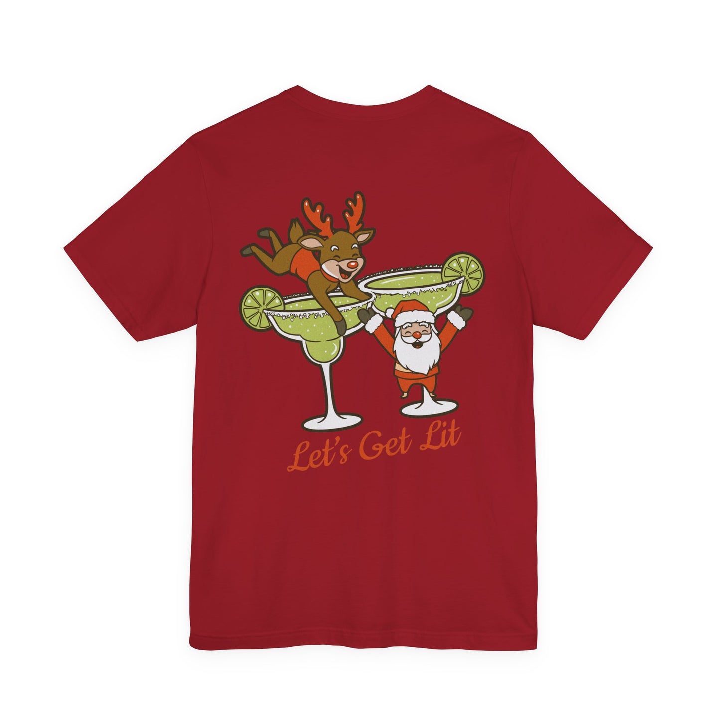 Scrappy Malone's Bar Christmas Tee — "Let's Get Lit" Santa & Rudolf Hanging from Martini Glass
