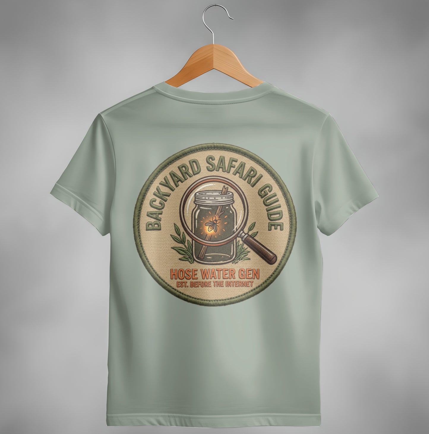 Circular logo with magnifying glass over a jar, "Backyard Safari Guide" text.