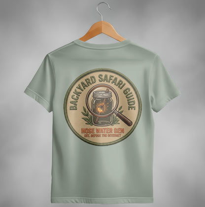 Circular logo with magnifying glass over a jar, "Backyard Safari Guide" text.