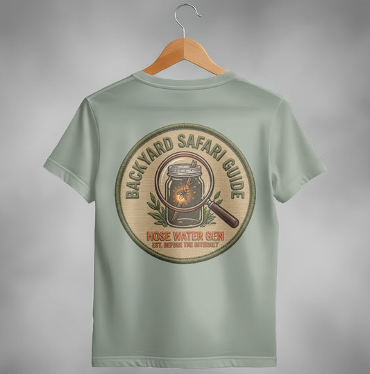 Circular logo with magnifying glass over a jar, "Backyard Safari Guide" text.