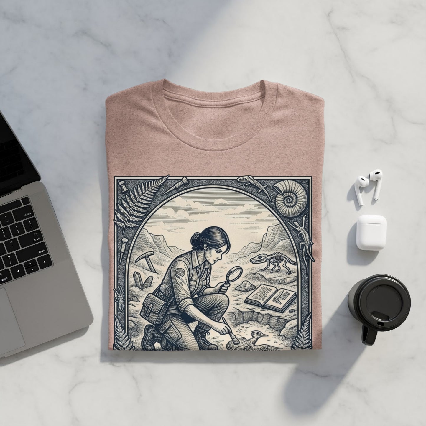 Paleontologist examining fossils on a t-shirt design with decorative border.