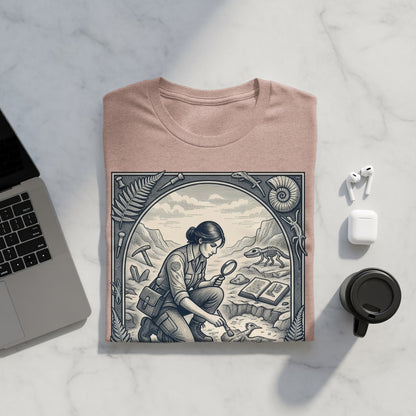 Paleontologist examining fossils on a t-shirt design with decorative border.
