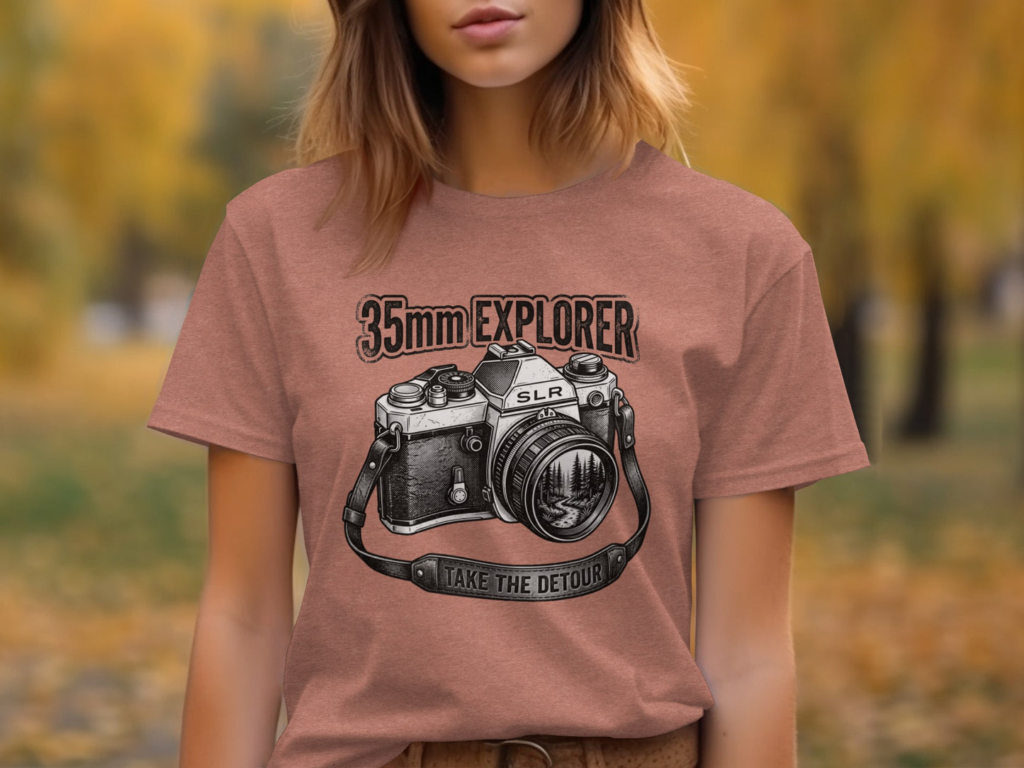 35mm Explorer Detour | Vintage Outdoor Apparel: T-shirt graphic with "35mm Explorer SLR" and "TAKE THE DETOUR" text.