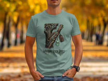 Heritage Walking Stick Spirit: Journey Nomad Tee: Light blue t-shirt with "Walking Stick Spirit" text and feather/stone design.