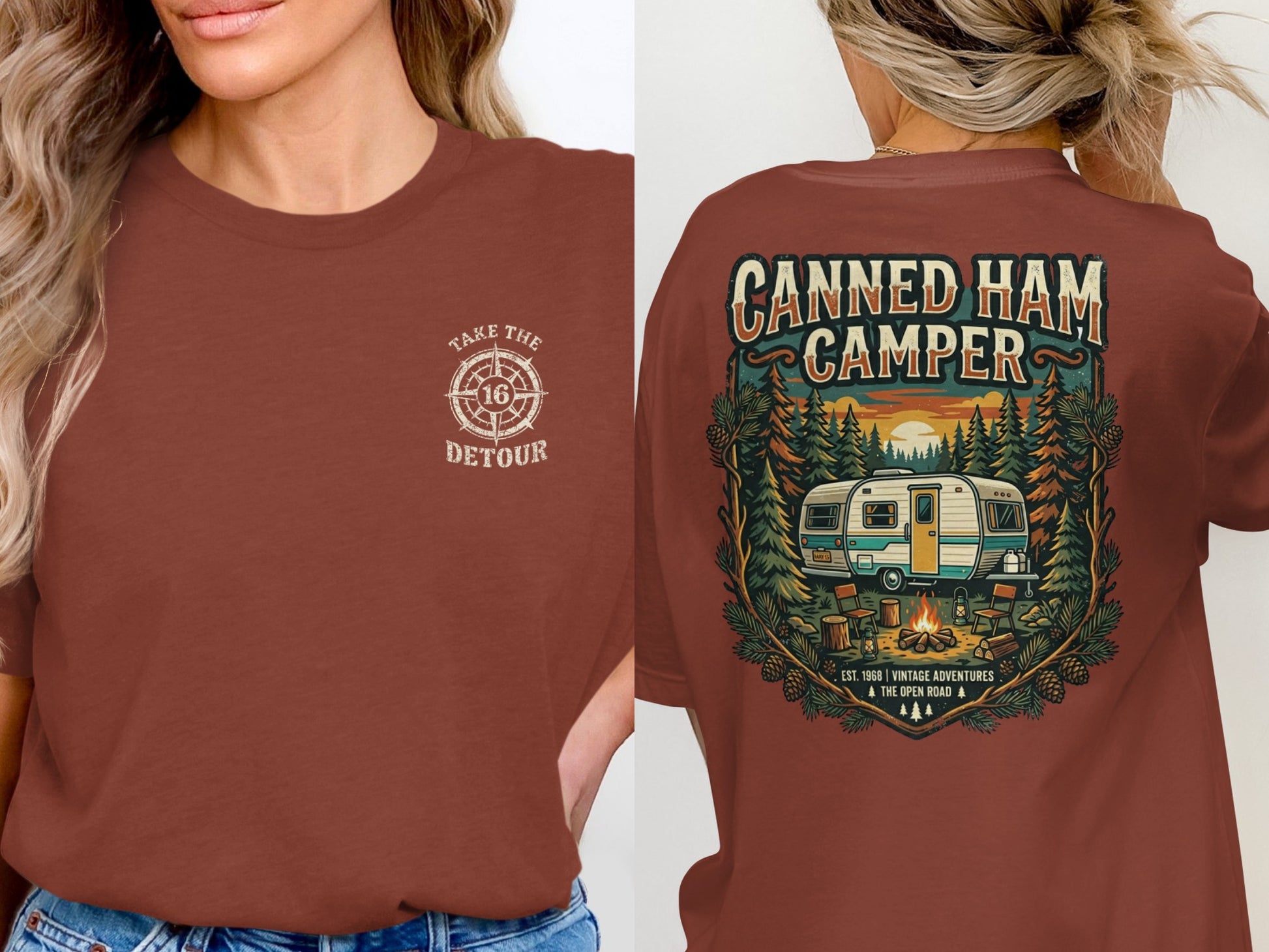 Brown t-shirt with "Take the Detour" on front, camper scene on back.