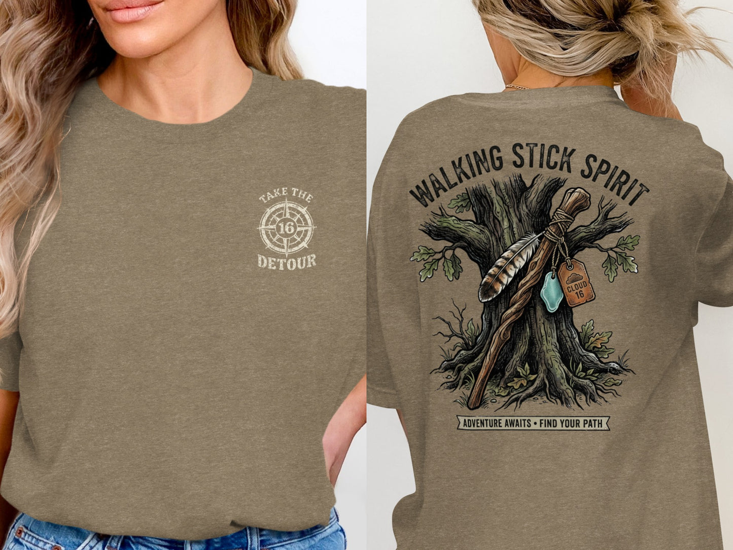 Two t-shirts, one with a compass and "TAKE THE DETOUR," other with a walking stick.