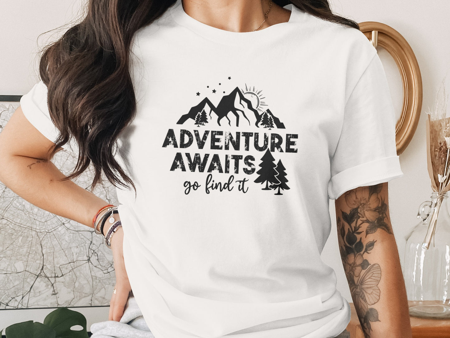 Adventure Awaits Go Find It Mountains Trees and Sun T-Shirt T-Shirt - Outdoor & Adventure Collection - Mile Marker 16 Gear by Cloud 16 Clothing Co.