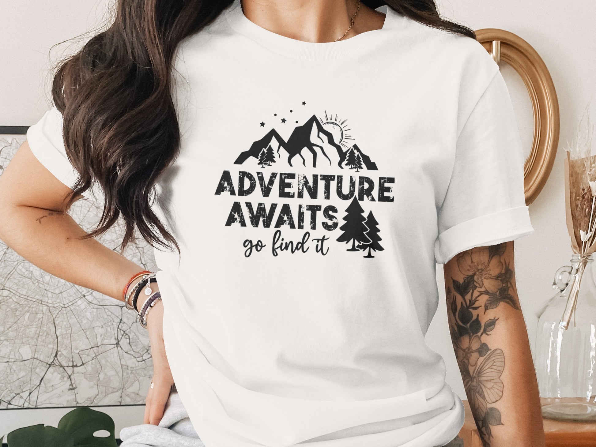 Adventure Awaits Go Find It Mountains Trees and Sun T-Shirt T-Shirt - Outdoor & Adventure Collection - Mile Marker 16 Gear by Cloud 16 Clothing Co.