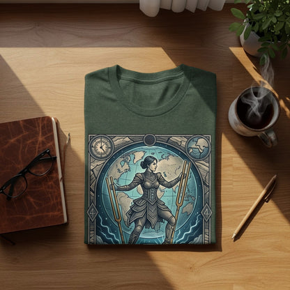 Green t-shirt featuring a stylized woman with spears in front of a globe.