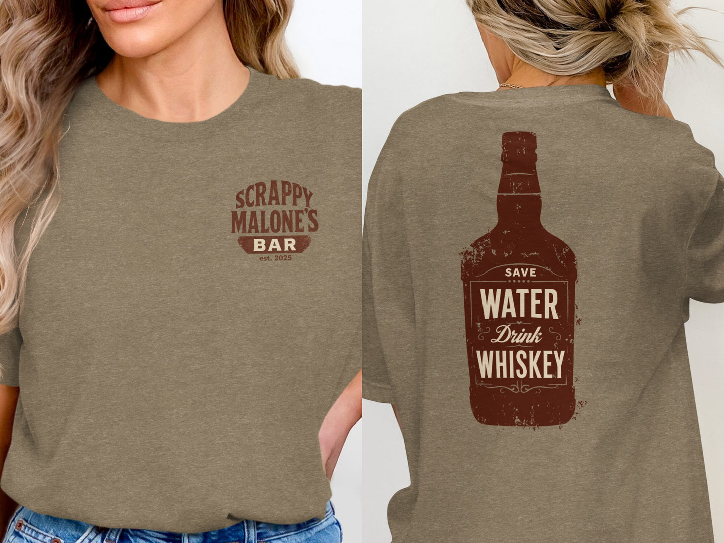 Save Water Drink Whiskey Funny Saying Graphic Bottle T-Shirt T-shirt - Scrappy Malone's Bar 100-Proof Humor - Cloud 16 Clothing Co.