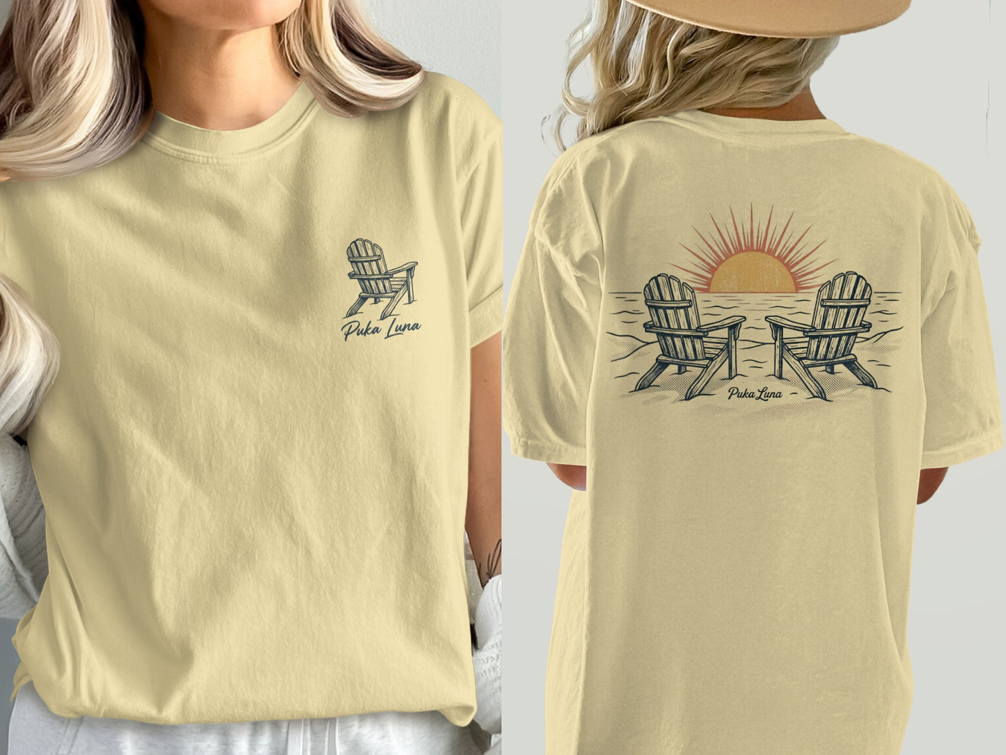 Two Adirondack chairs face a sunset on a beach with Puka Luna logo.