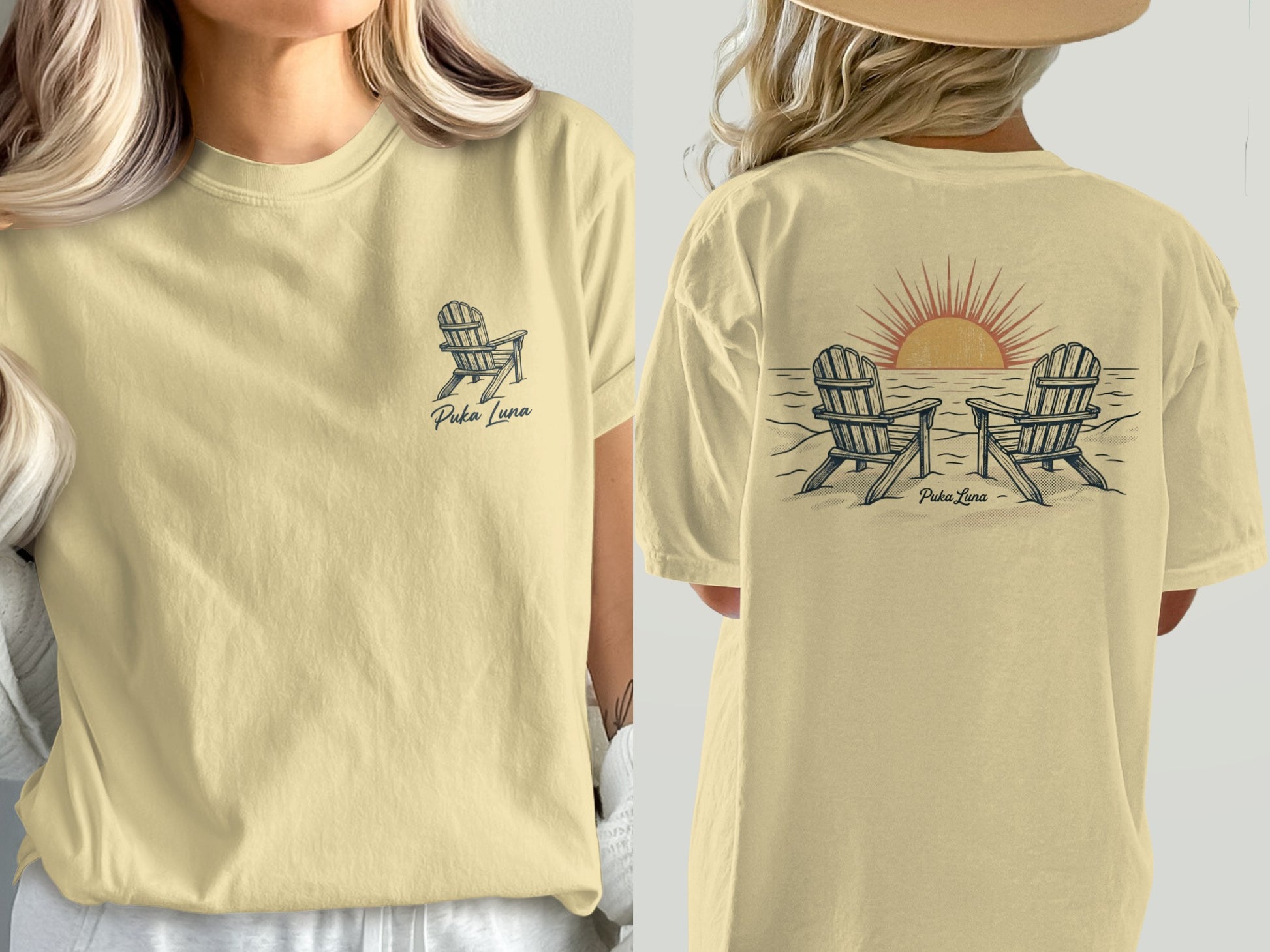 Two Adirondack chairs face a sunset on a beach with Puka Luna logo.