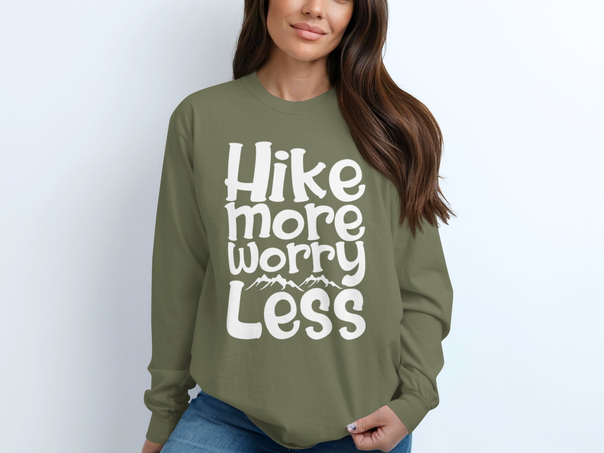 Hike More Worry Less With Mountain Graphic Long Sleeve T-Shirt Long Sleeve Tee - Outdoor & Adventure Collection - Mile Marker 16 Gear by Cloud 16 Clothing Co.